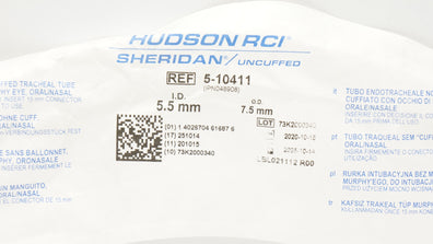 Teleflex 5-10411 Hudson RCI Sheridan Uncuffed Tracheal Tube 5.5mm ID x 7.5mm OD